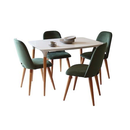 Manhattan Comfort Rectangle 5-Piece HomeDock 45.47 Dining Set with 4 Selina Accent Chairs in Off White and Green, MDF 2-10157511020564